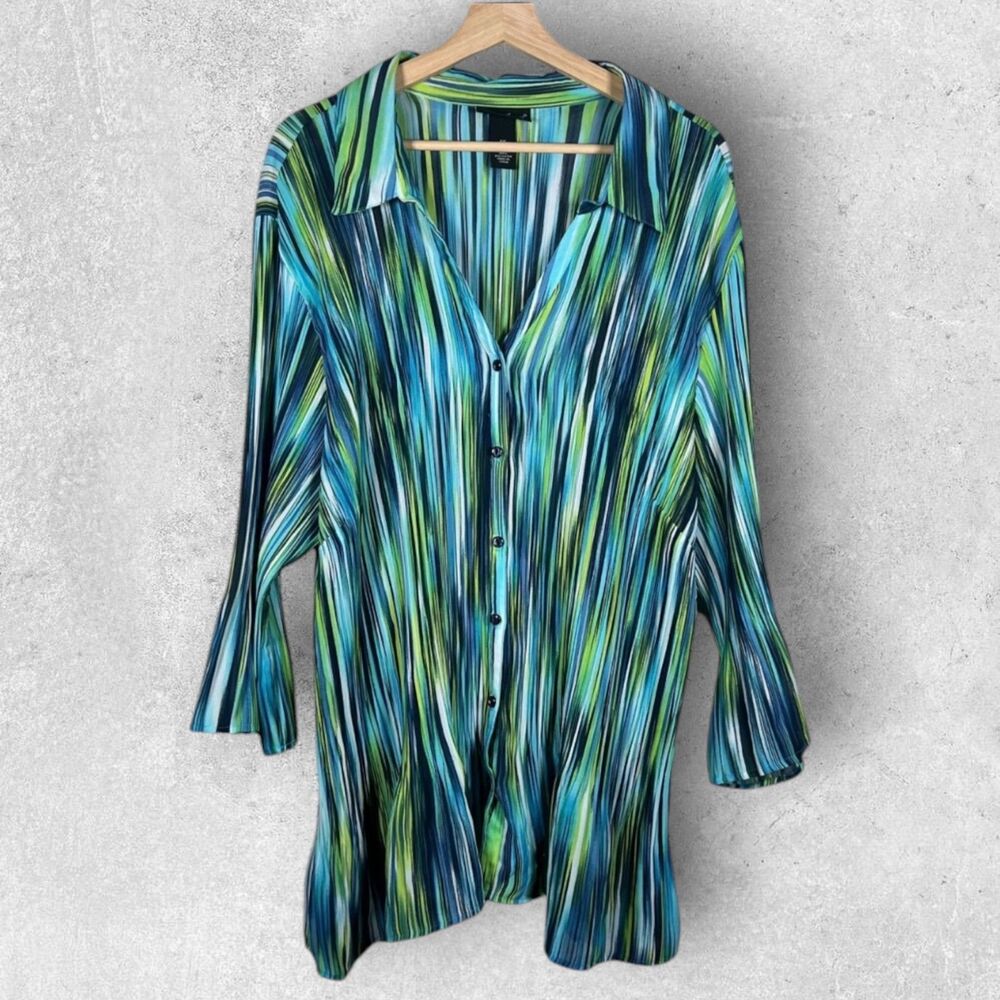 Maggie Barnes Pleated Button Up Blouse Plus 4X 30/32W Retro Disco Groovy Green